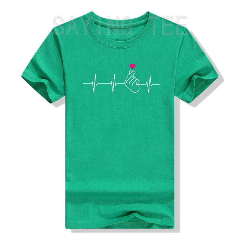 T-shirt K-Pop femme manches courtes coton polyester design cœur main digitale