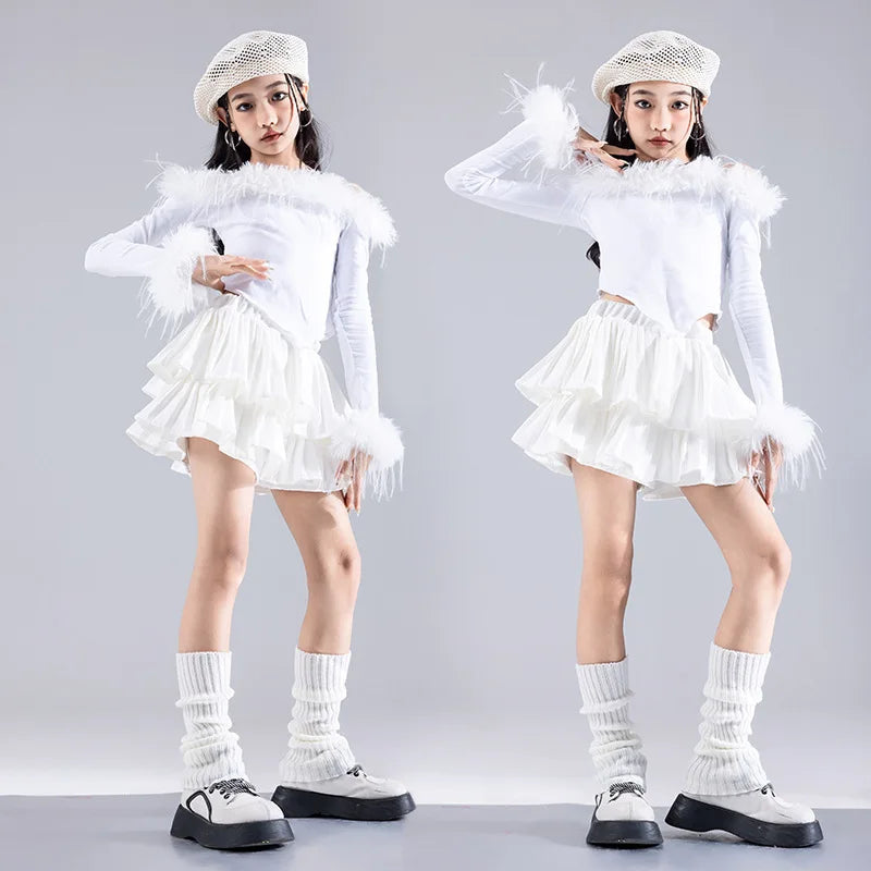 Girls Jazz Dance Performance Suit Kids Hip Hop Stage Wear Kpop Fashion Clothes White Coat Jacket White Pants Steetwear otakupop.store