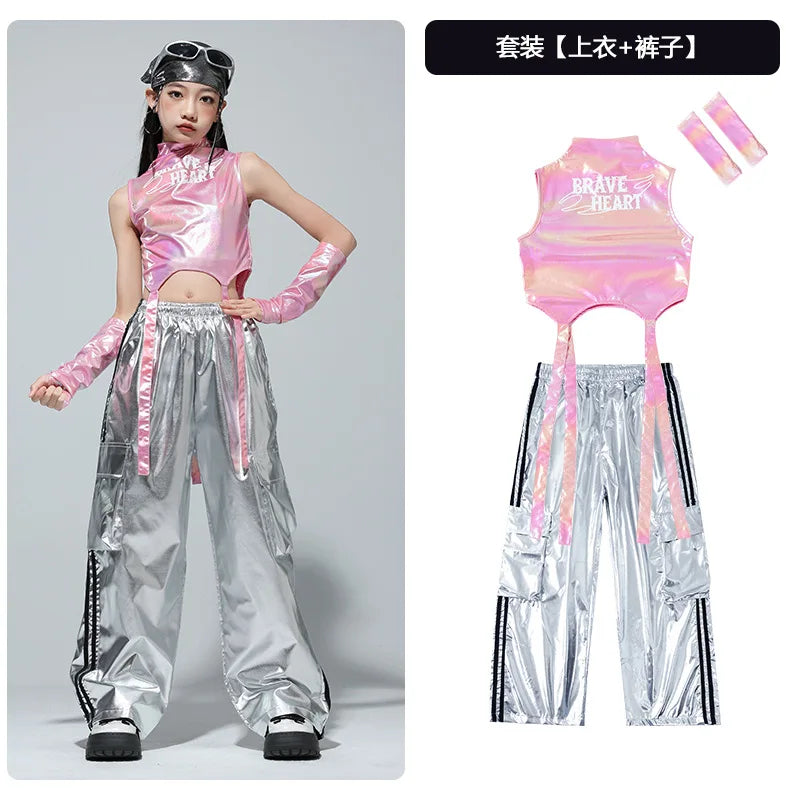 Kids Street Dance Jazz Performance Costumes Girls Hip Hop Clothes Fashion Catwalk Stage Shiny Sleeveless Crop Top Long Pant Suit otakupop.store