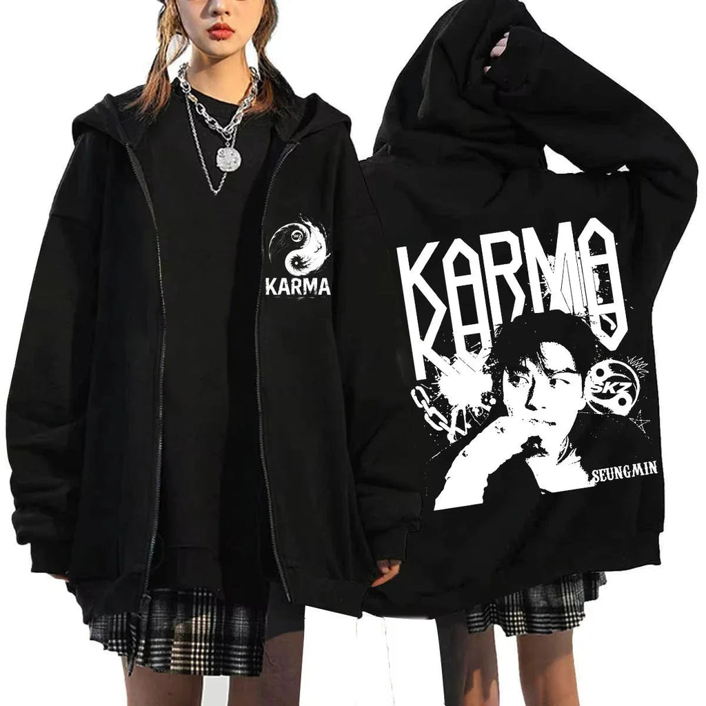 KPOP The 4th Album KARMA FELIX HAN BANGCHAN CHANGBIN HYUNJIN SEUNGMIN LEE KNOW Zip Up Women/Men Hoodie Sweatshirt Couple Clothes otakupop.store