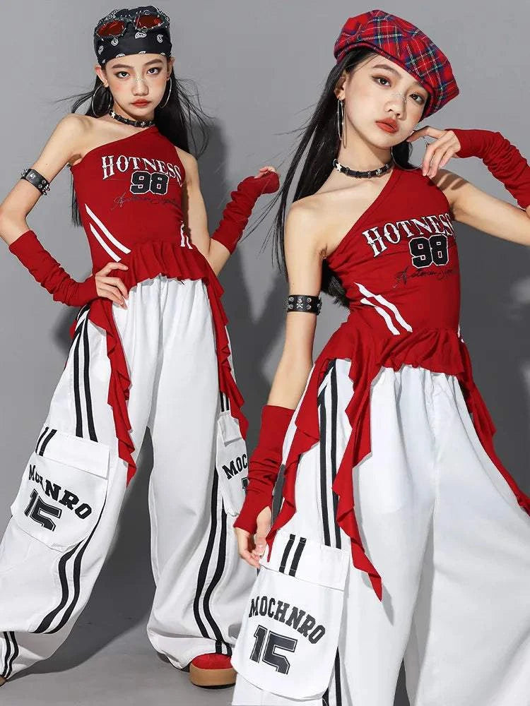 Hip Hop Girls One-shoulder Crop Top ‌Balloon Skirt Cargo Pants Children Streetwear Girl Group Costumes Kids K-pop Clothes Sets otakupop.store