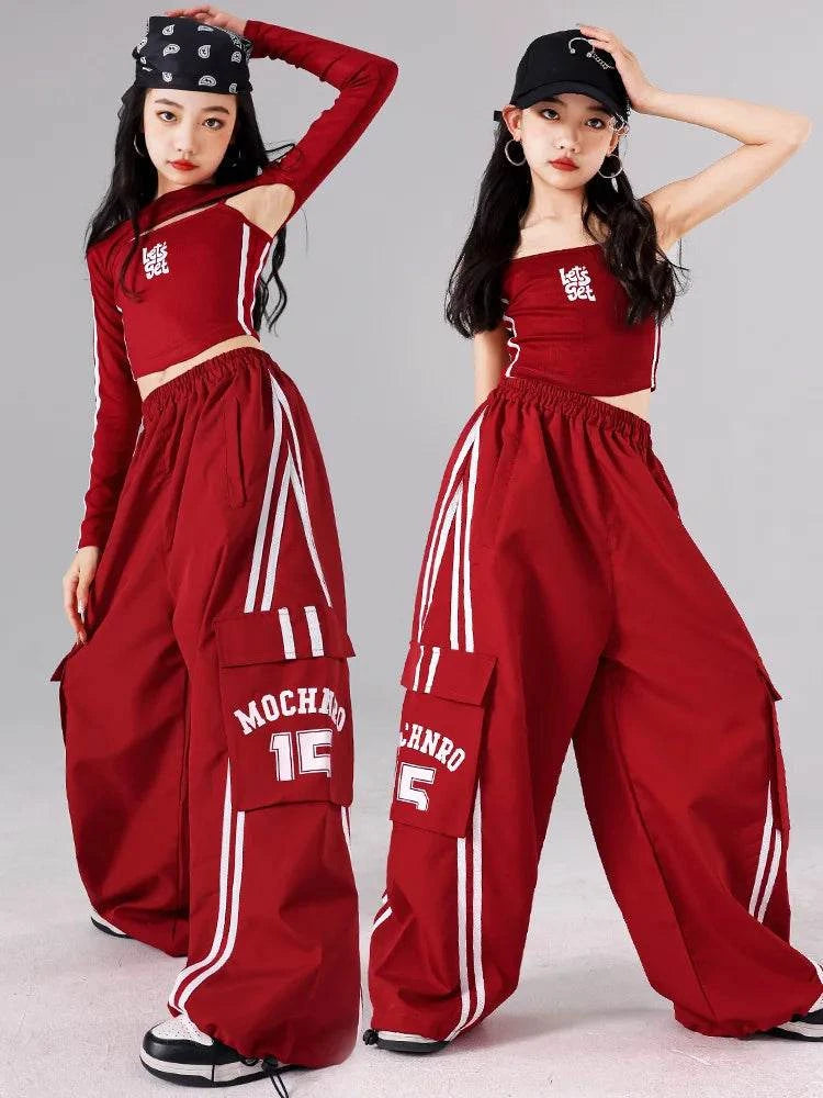 Girls K-pop Crop Top Joggers Cargo Pants Children Hip Hop Streetwear Girl Group Clothes Sets Kids Street Dance Jazz Costumes otakupop.store