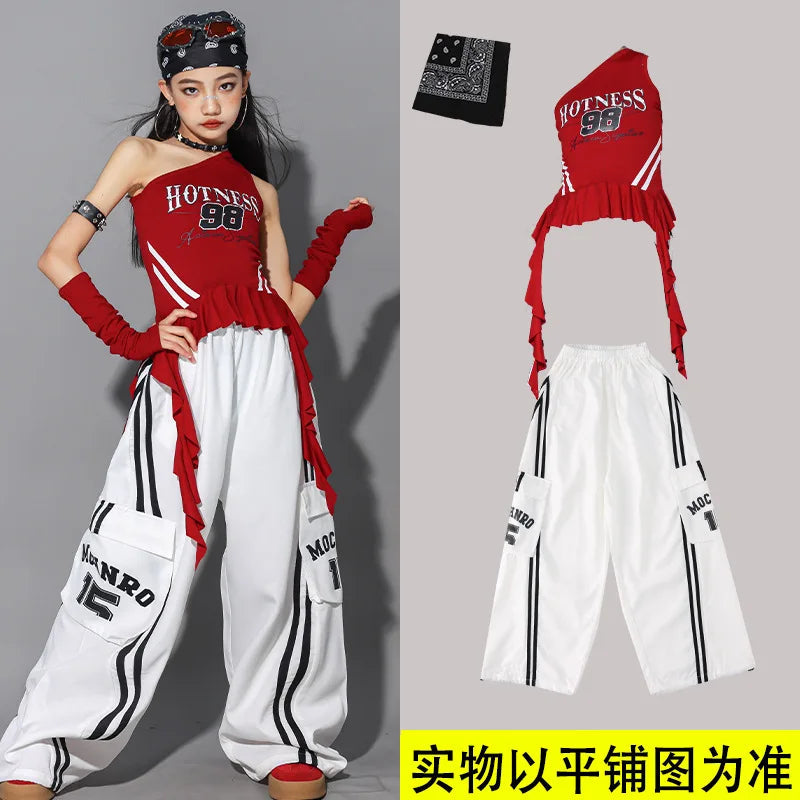 Hip Hop Girls One-shoulder Crop Top ‌Balloon Skirt Cargo Pants Children Streetwear Girl Group Costumes Kids K-pop Clothes Sets otakupop.store