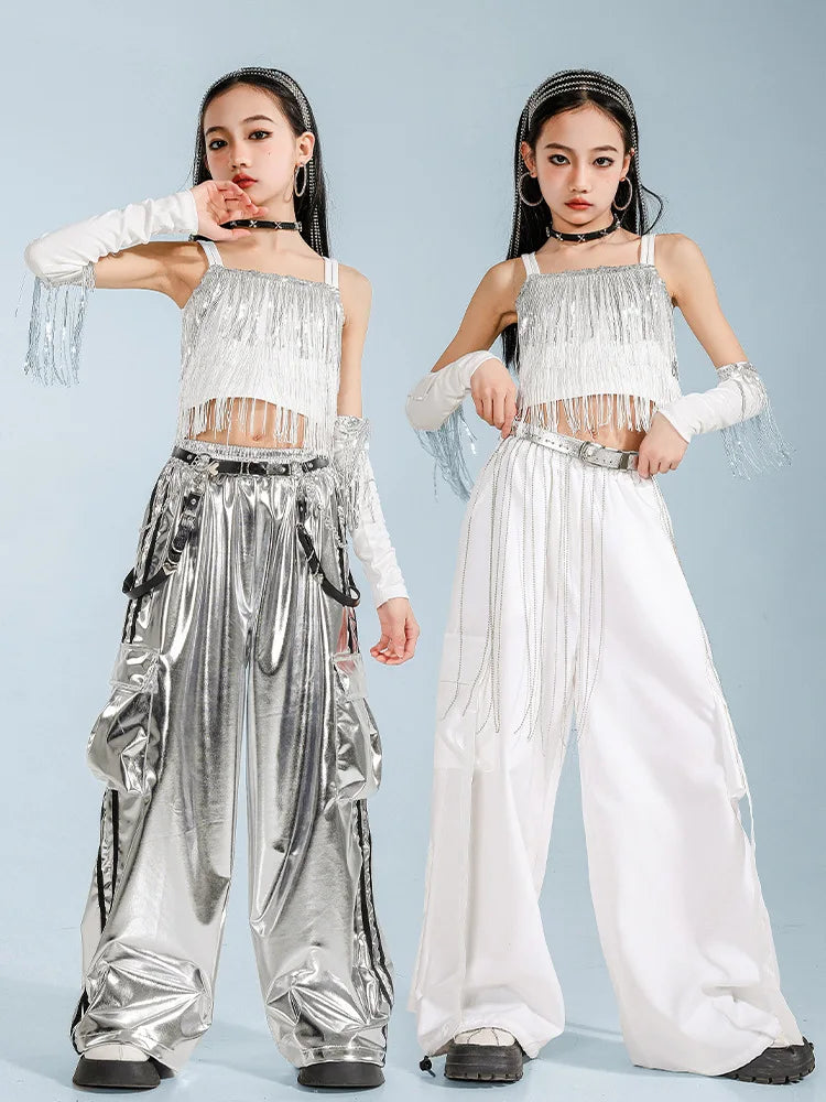 Hip Hop Clothing Girl Crop Sequined T-shirts Girls White Pants K-pop Hot Shorts Kids Streetwear Child Jazz Dance Clothes Set otakupop.store