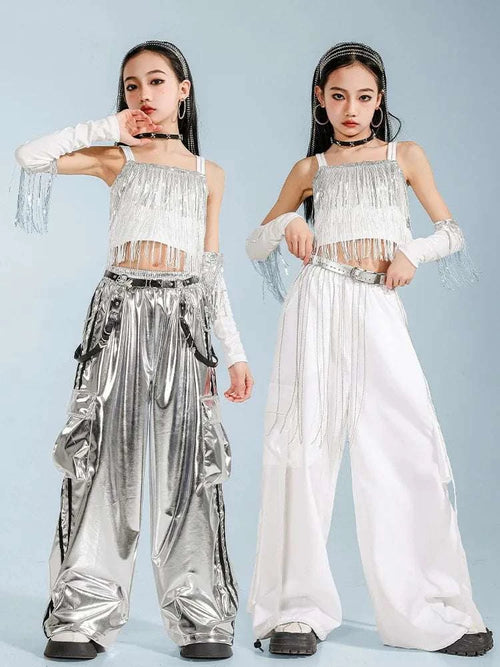 Hip Hop Clothing Girl Crop Sequined T-shirts Girls White Pants K-pop Hot Shorts Kids Streetwear Child Jazz Dance Clothes Set otakupop.store