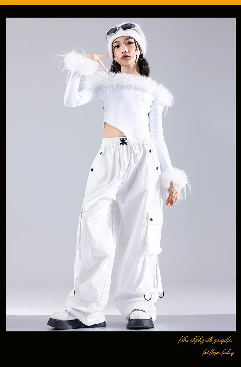 Girls Jazz Dance Performance Suit Kids Hip Hop Stage Wear Kpop Fashion Clothes White Coat Jacket White Pants Steetwear otakupop.store