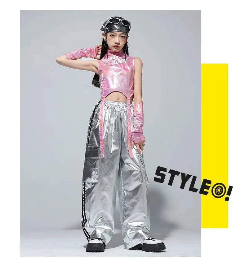 Kids Street Dance Jazz Performance Costumes Girls Hip Hop Clothes Fashion Catwalk Stage Shiny Sleeveless Crop Top Long Pant Suit otakupop.store