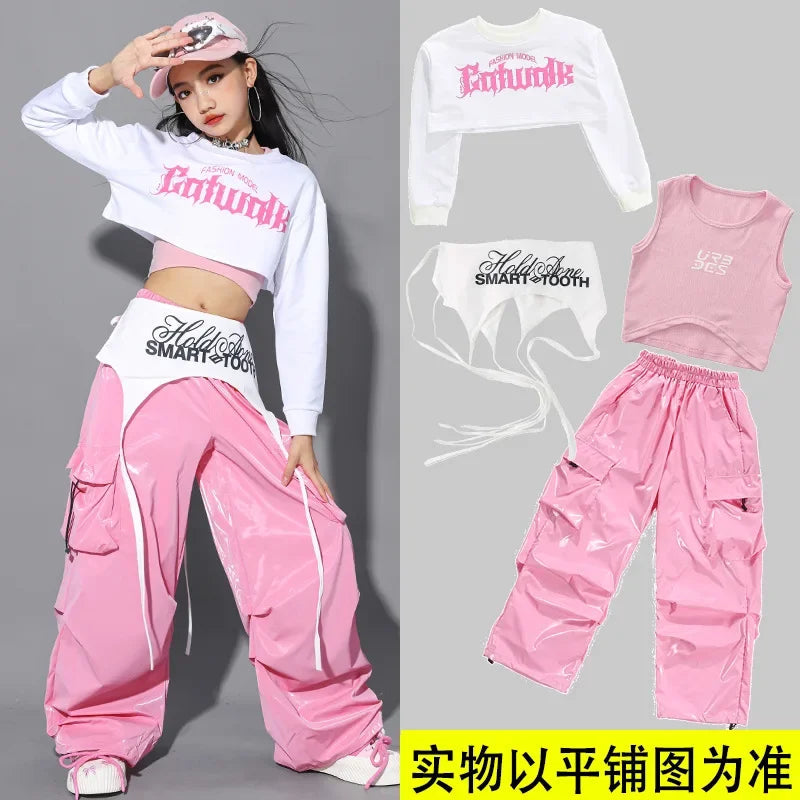 Jazz Dance Clothes For Girls Kpop Outfit Hip Hop Performance Wear Pink Shuffle Pants Kid Street Dance Show Fashion Suit New otakupop.store