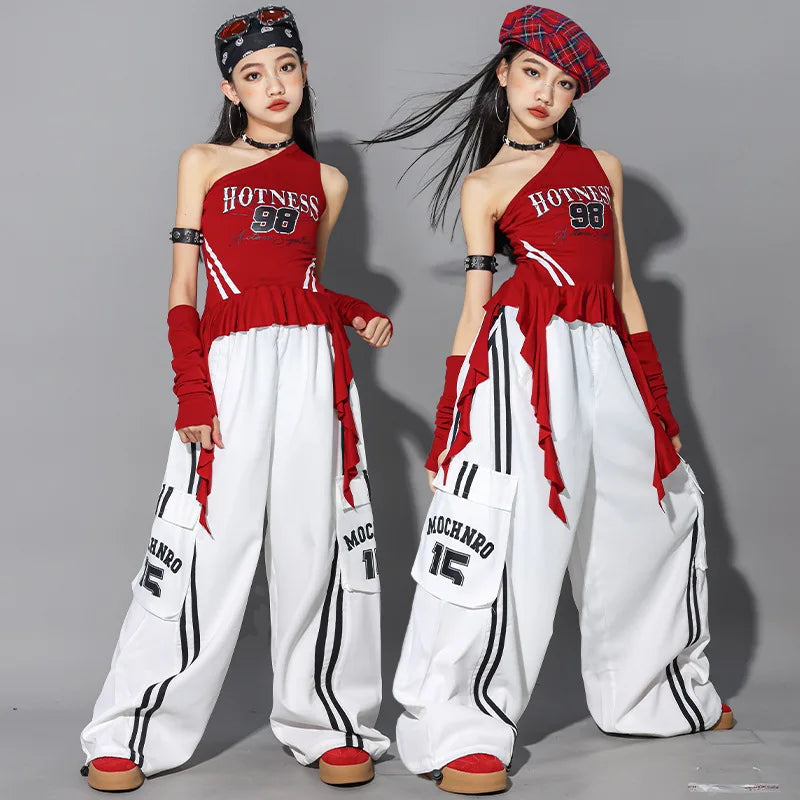 Hip Hop Girls One-shoulder Crop Top ‌Balloon Skirt Cargo Pants Children Streetwear Girl Group Costumes Kids K-pop Clothes Sets otakupop.store