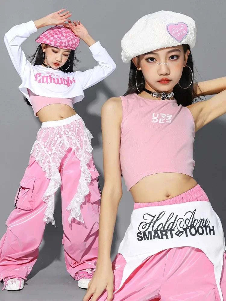 Jazz Dance Clothes For Girls Kpop Outfit Hip Hop Performance Wear Pink Shuffle Pants Kid Street Dance Show Fashion Suit New otakupop.store