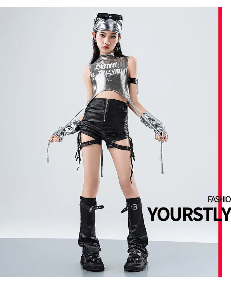 Girls Hip Hop Sets K-pop Silver Riband Crop Top Street Dance Leather Pants Kids Streetwear Child Jazz Costume Girl Group Clothes otakupop.store