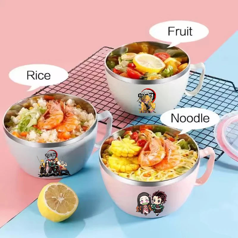 Demon Slayer Kimetsu No Yaiba Stainless Steel Bowl with Handle Anime Anti Scalding Instant Noodles Mixing Bowl Kitchen Tableware otakupop.store