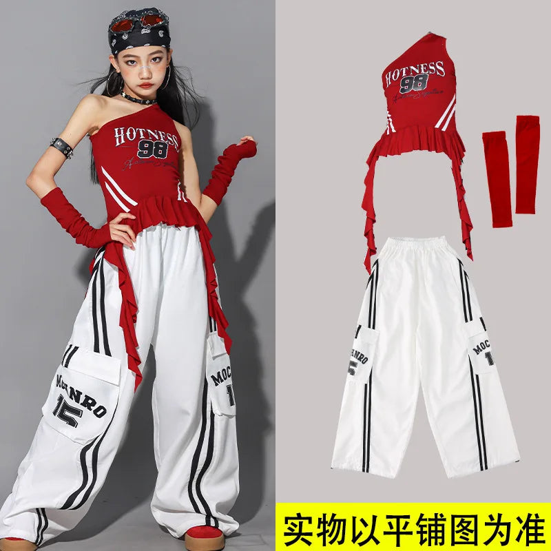 Hip Hop Girls One-shoulder Crop Top ‌Balloon Skirt Cargo Pants Children Streetwear Girl Group Costumes Kids K-pop Clothes Sets otakupop.store