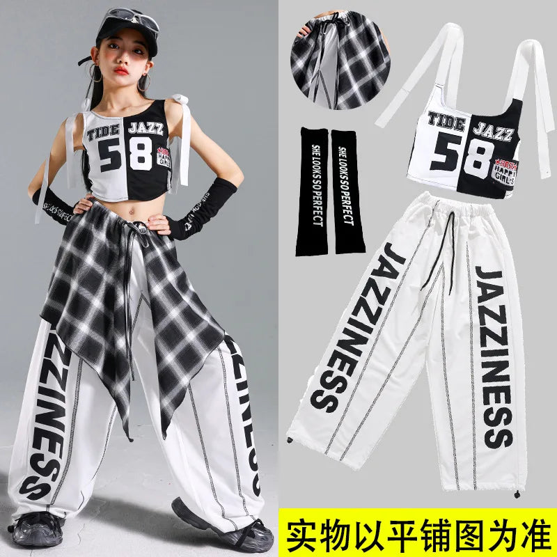 Hip Hop Girls One-shoulder Crop Top ‌Balloon Skirt Cargo Pants Children Streetwear Girl Group Costumes Kids K-pop Clothes Sets otakupop.store
