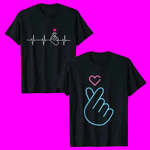 T-shirt K-Pop avec motif cœur doigts en coton polyester manches courtes pour femmes