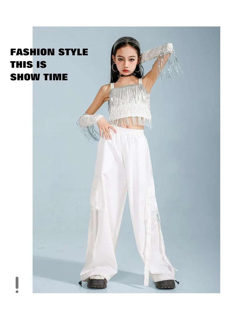 Hip Hop Clothing Girl Crop Sequined T-shirts Girls White Pants K-pop Hot Shorts Kids Streetwear Child Jazz Dance Clothes Set otakupop.store