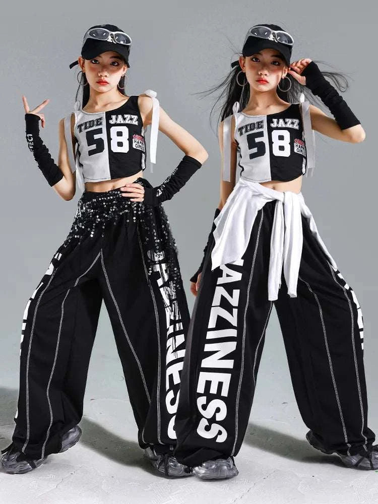 Hip Hop Girls One-shoulder Crop Top ‌Balloon Skirt Cargo Pants Children Streetwear Girl Group Costumes Kids K-pop Clothes Sets otakupop.store