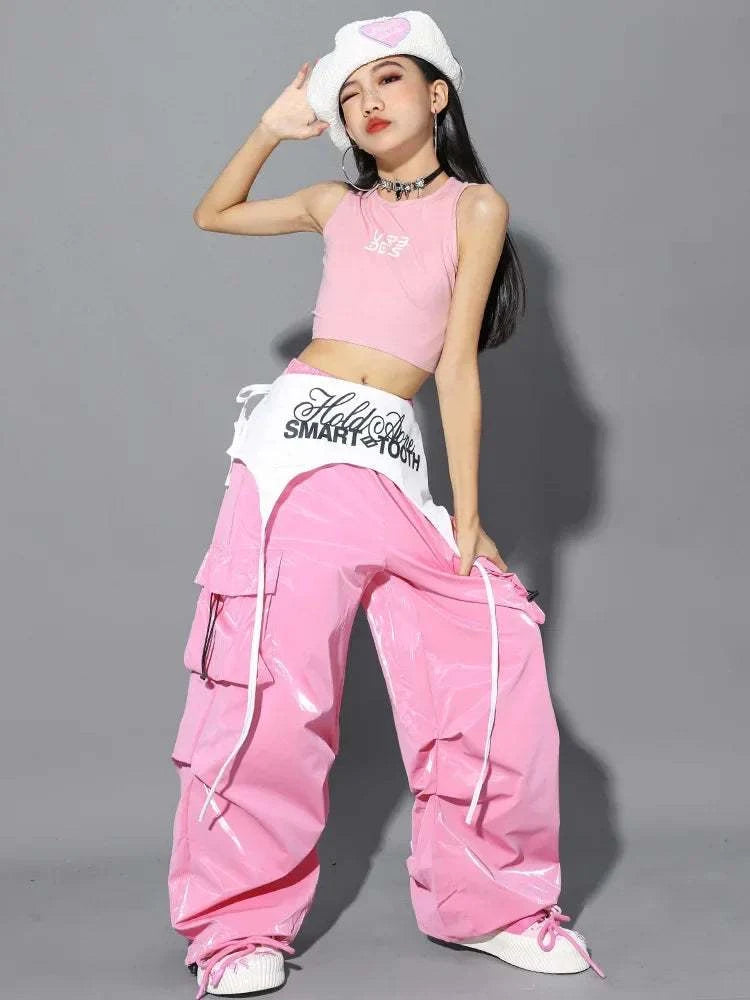 Jazz Dance Clothes For Girls Kpop Outfit Hip Hop Performance Wear Pink Shuffle Pants Kid Street Dance Show Fashion Suit New otakupop.store
