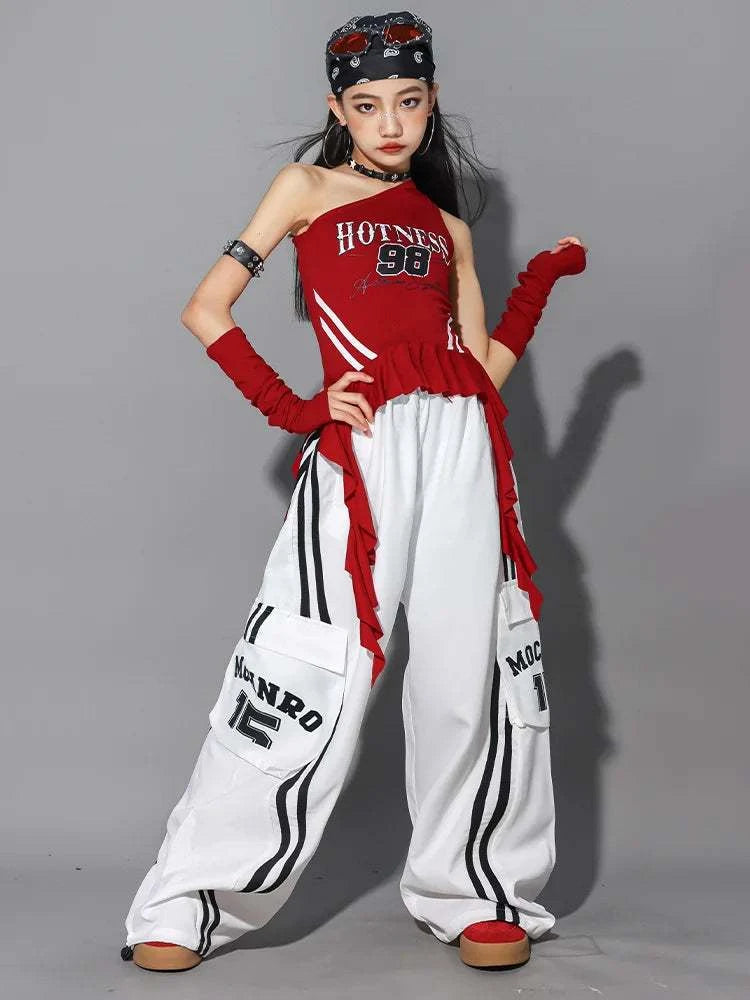 Hip Hop Girls One-shoulder Crop Top ‌Balloon Skirt Cargo Pants Children Streetwear Girl Group Costumes Kids K-pop Clothes Sets otakupop.store