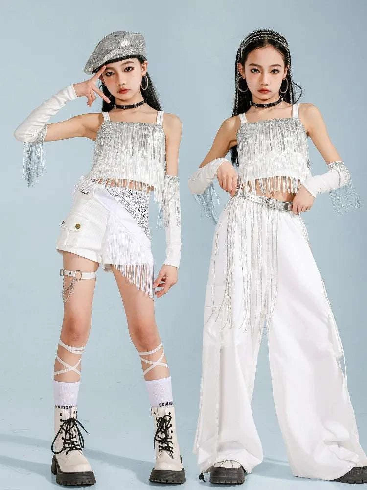 Hip Hop Clothing Girl Crop Sequined T-shirts Girls White Pants K-pop Hot Shorts Kids Streetwear Child Jazz Dance Clothes Set otakupop.store