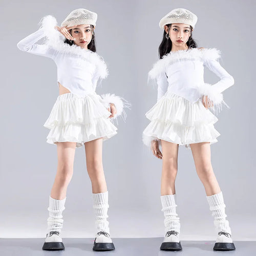 Girls Jazz Dance Performance Suit Kids Hip Hop Stage Wear Kpop Fashion Clothes White Coat Jacket White Pants Steetwear otakupop.store
