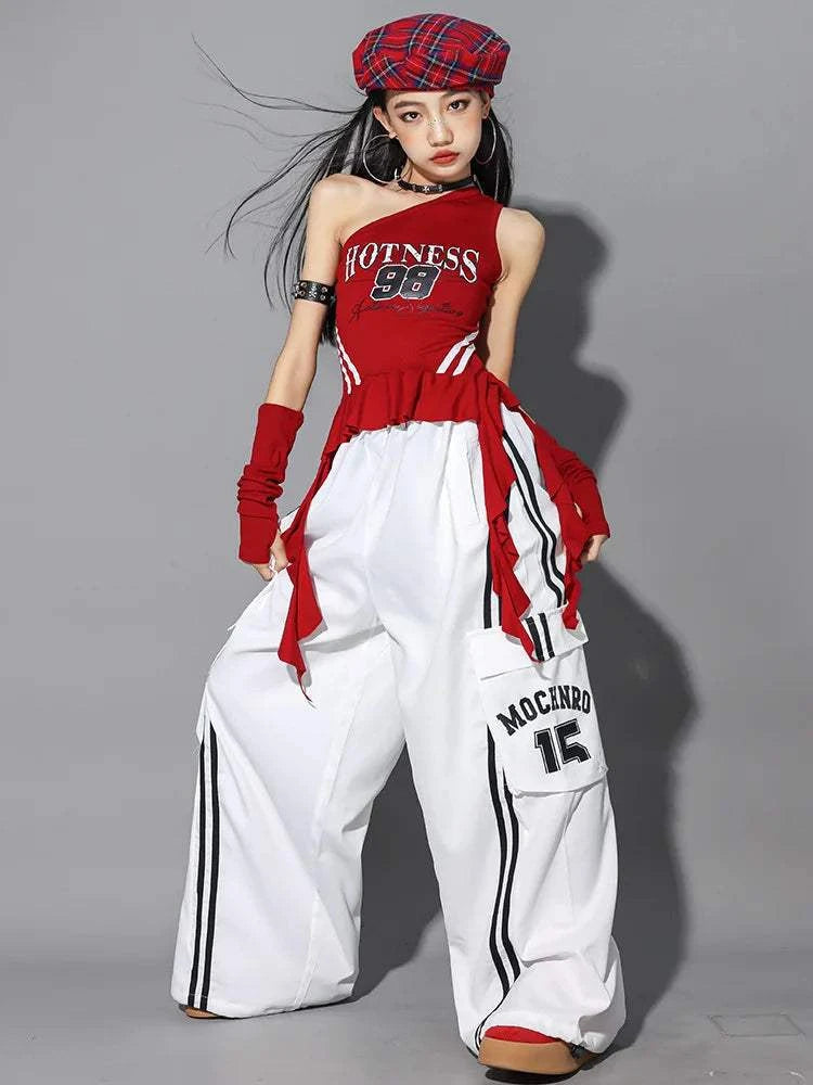 Hip Hop Girls One-shoulder Crop Top ‌Balloon Skirt Cargo Pants Children Streetwear Girl Group Costumes Kids K-pop Clothes Sets otakupop.store
