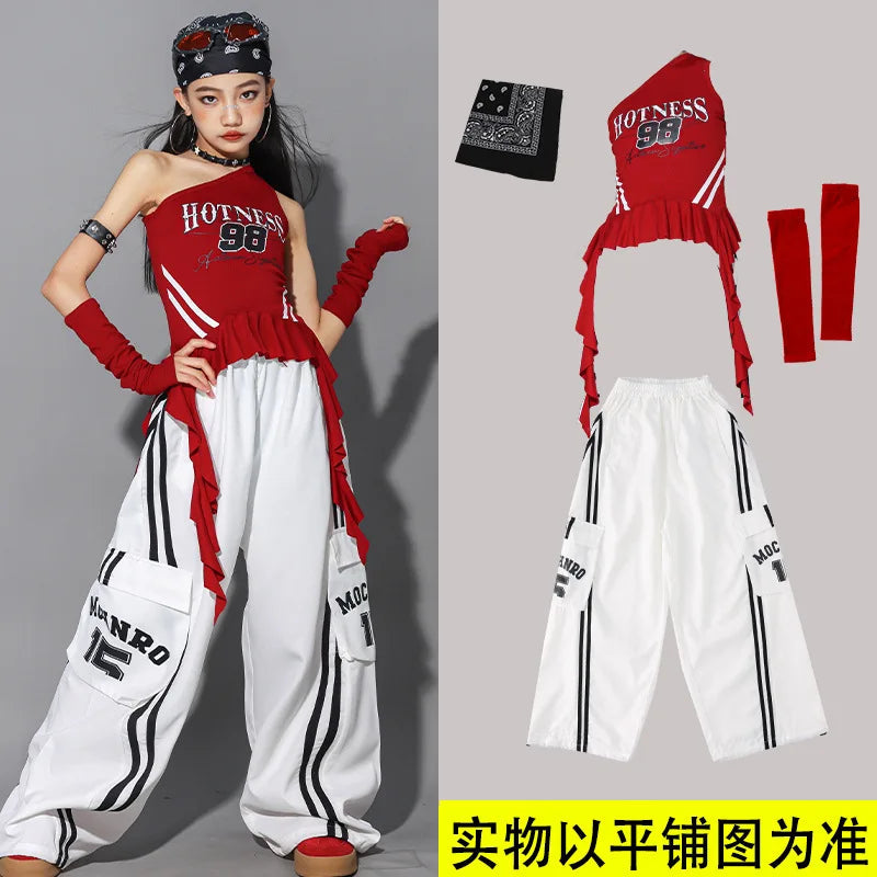 Hip Hop Girls One-shoulder Crop Top ‌Balloon Skirt Cargo Pants Children Streetwear Girl Group Costumes Kids K-pop Clothes Sets otakupop.store