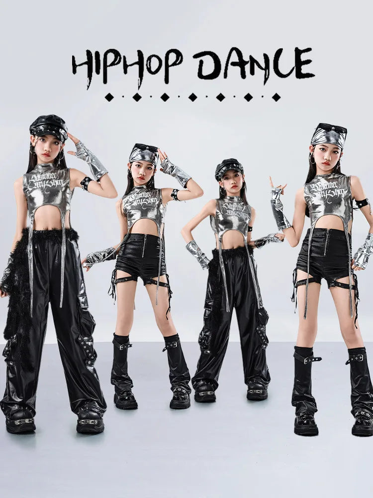 Girls Hip Hop Sets K-pop Silver Riband Crop Top Street Dance Leather Pants Kids Streetwear Child Jazz Costume Girl Group Clothes otakupop.store