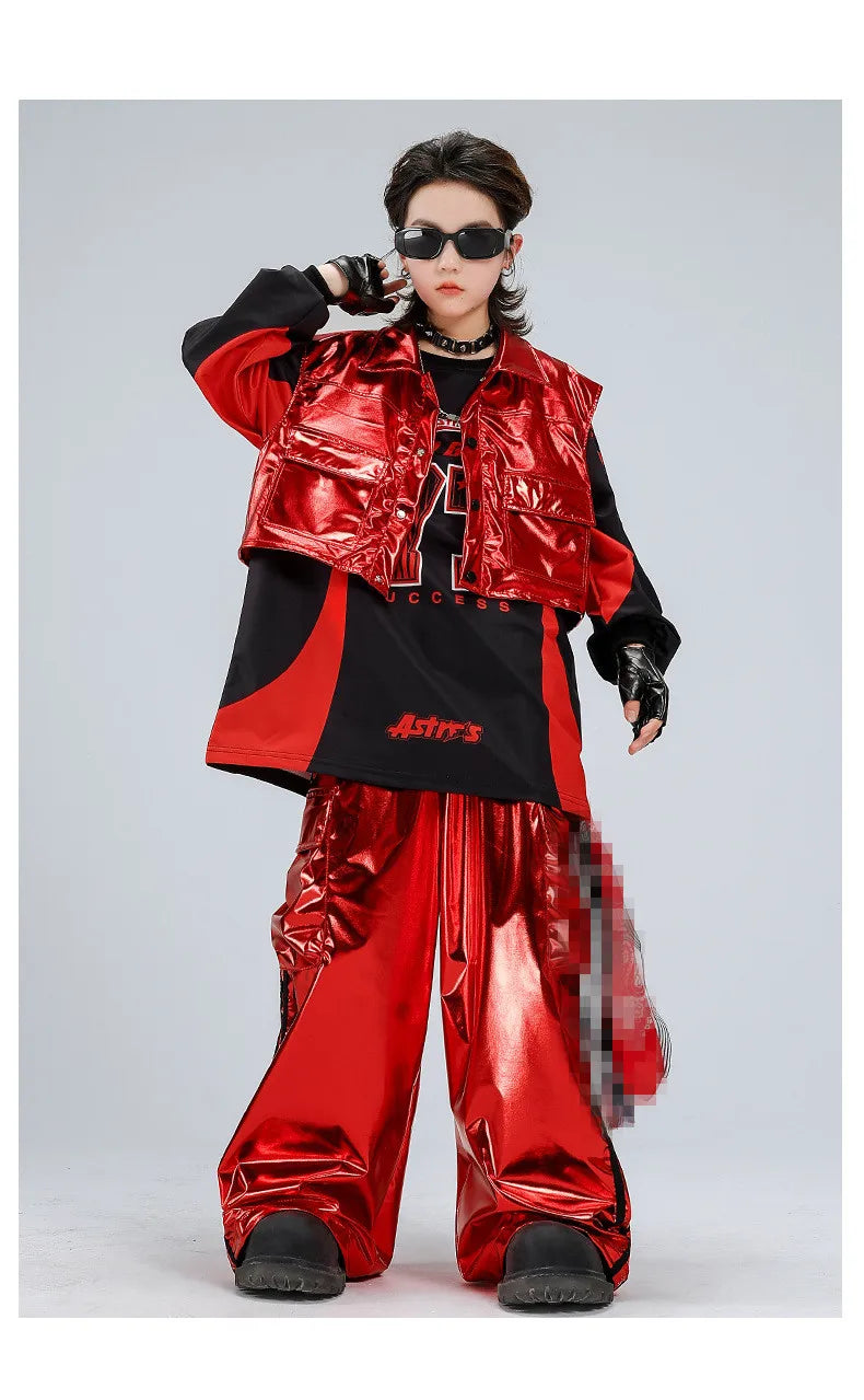 Boys Hip Hop Sweatshirt Shiny Vest Street Dance Cargo Pants Girls K-pop Clothes Set Kid Hip Hop Jazz Costume Children Streetwear otakupop.store
