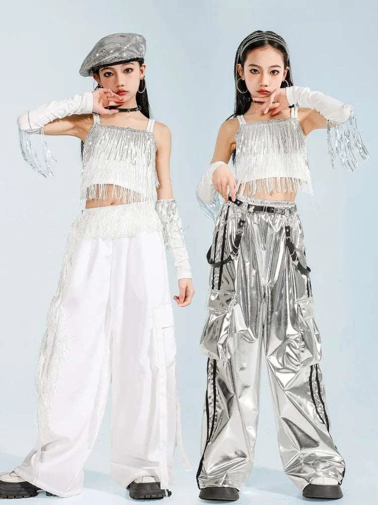 Hip Hop Clothing Girl Crop Sequined T-shirts Girls White Pants K-pop Hot Shorts Kids Streetwear Child Jazz Dance Clothes Set otakupop.store