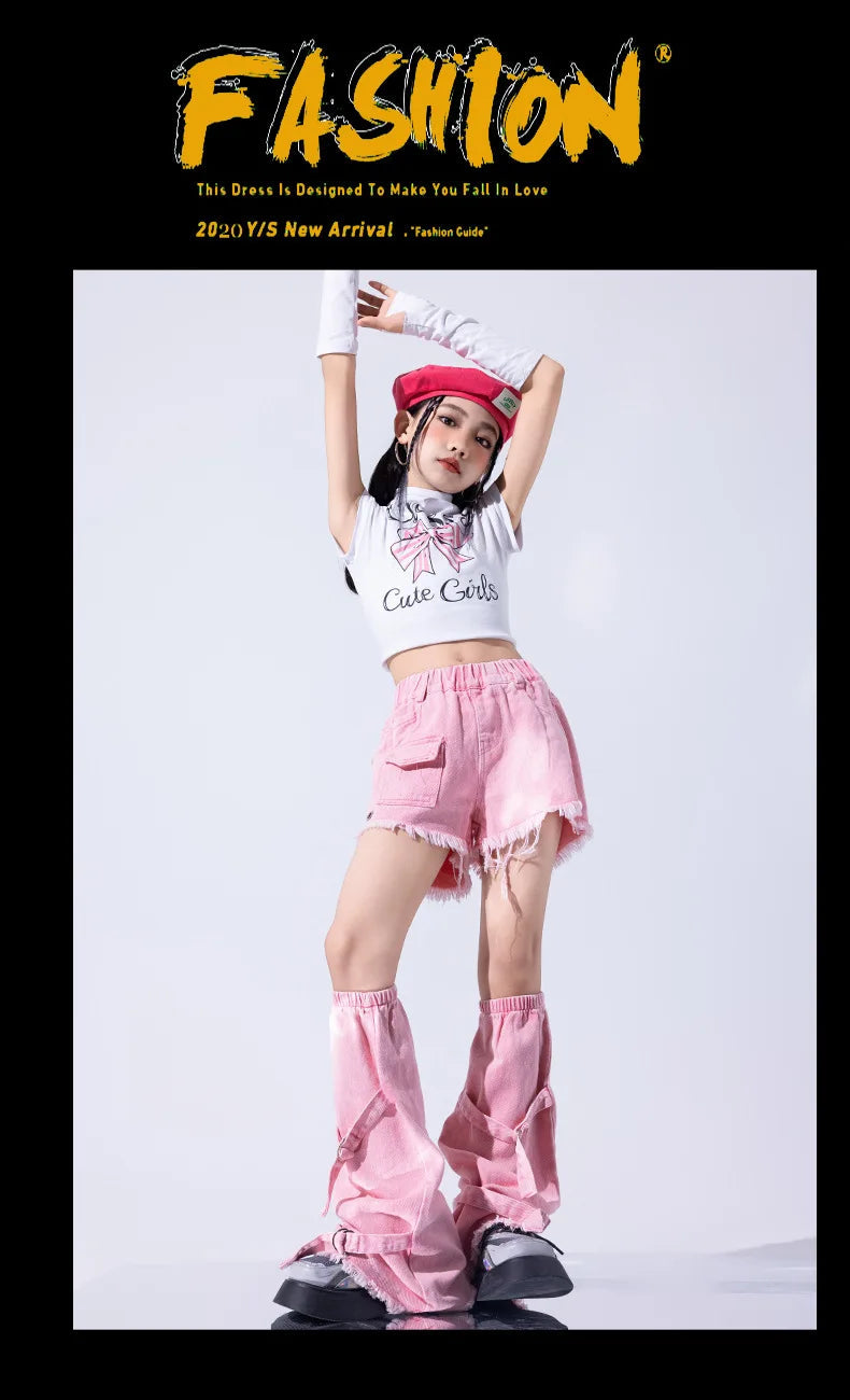 Girls K-pop Elegant Crop Top Cargo Pants Children Hip Hop Jazz Dance Shorts Kids Sweet Streetwear Costume Princess Clothes Sets otakupop.store