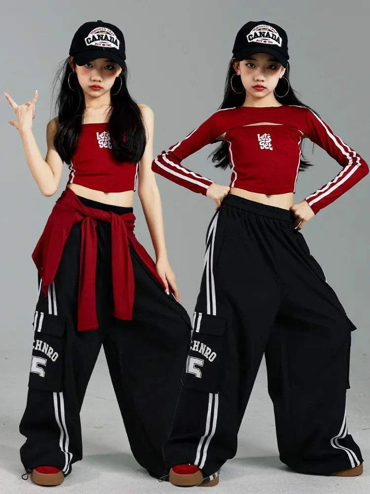 Girls K-pop Crop Top Joggers Cargo Pants Children Hip Hop Streetwear Girl Group Clothes Sets Kids Street Dance Jazz Costumes otakupop.store