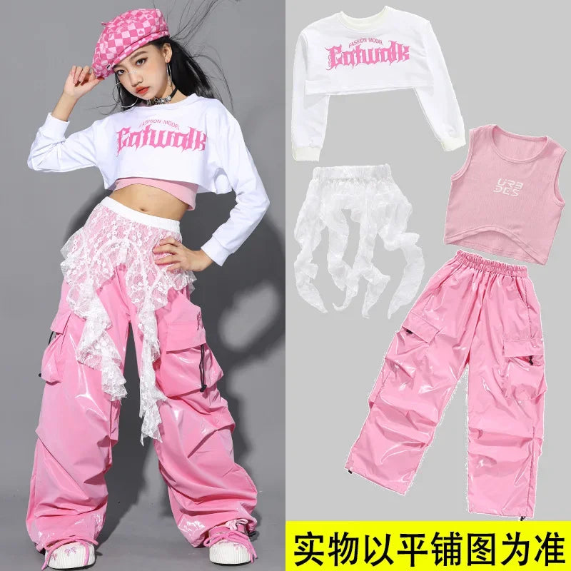 Jazz Dance Clothes For Girls Kpop Outfit Hip Hop Performance Wear Pink Shuffle Pants Kid Street Dance Show Fashion Suit New otakupop.store