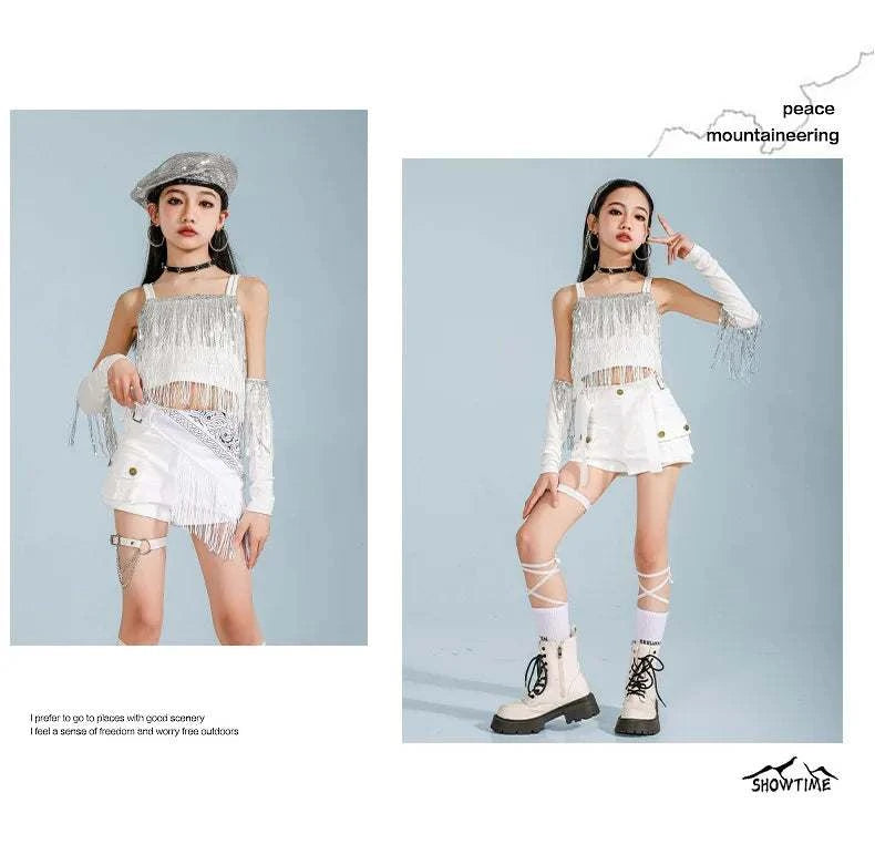 Hip Hop Clothing Girl Crop Sequined T-shirts Girls White Pants K-pop Hot Shorts Kids Streetwear Child Jazz Dance Clothes Set otakupop.store