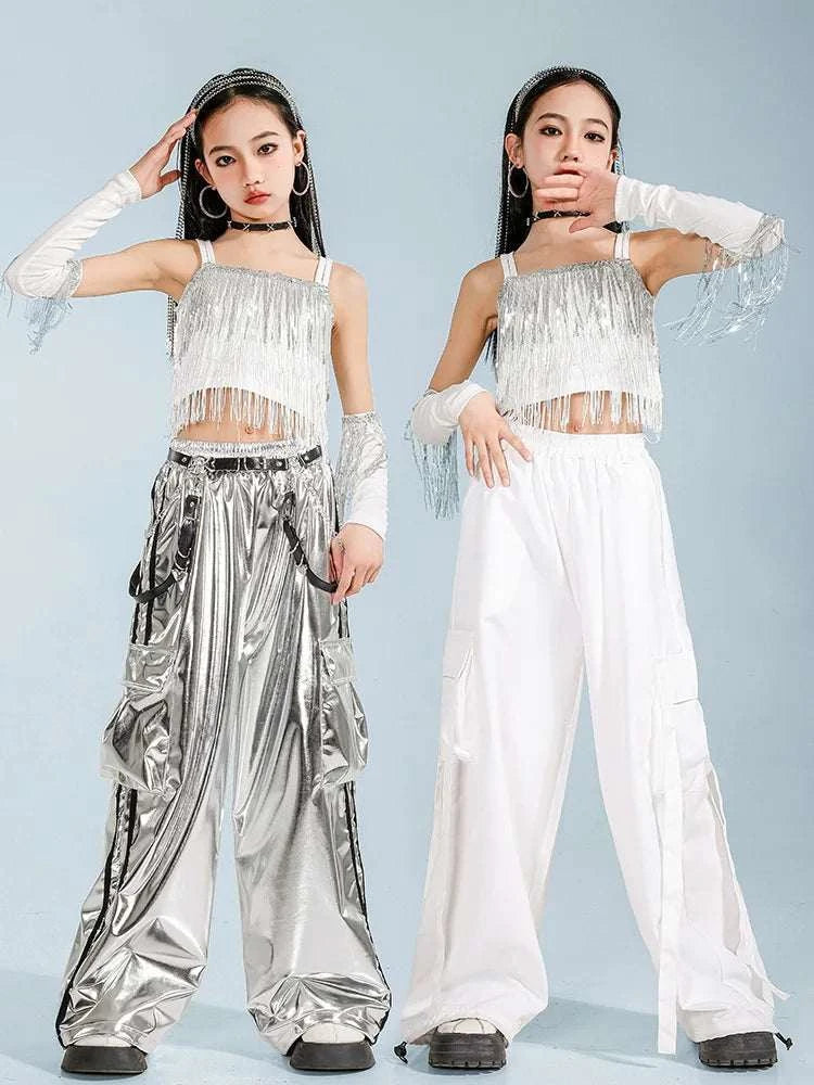 Hip Hop Clothing Girl Crop Sequined T-shirts Girls White Pants K-pop Hot Shorts Kids Streetwear Child Jazz Dance Clothes Set otakupop.store