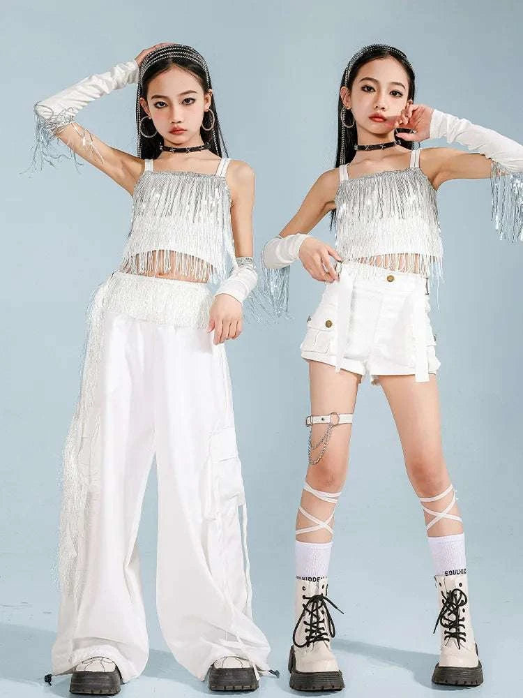Hip Hop Clothing Girl Crop Sequined T-shirts Girls White Pants K-pop Hot Shorts Kids Streetwear Child Jazz Dance Clothes Set otakupop.store