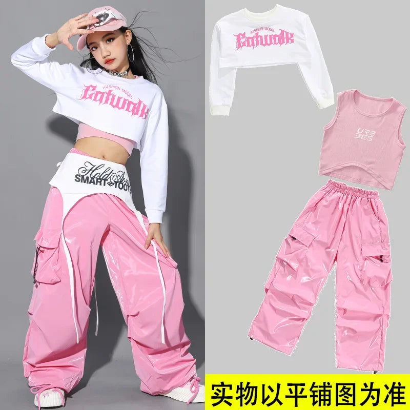 Jazz Dance Clothes For Girls Kpop Outfit Hip Hop Performance Wear Pink Shuffle Pants Kid Street Dance Show Fashion Suit New otakupop.store