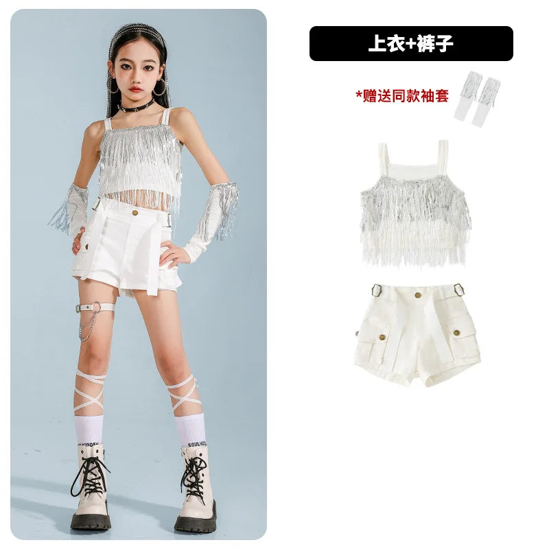 Hip Hop Clothing Girl Crop Sequined T-shirts Girls White Pants K-pop Hot Shorts Kids Streetwear Child Jazz Dance Clothes Set otakupop.store