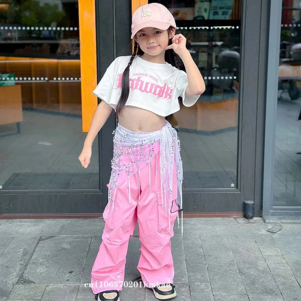Jazz Dance Clothes For Girls Kpop Outfit Hip Hop Performance Wear Pink Shuffle Pants Kid Street Dance Show Fashion Suit New otakupop.store