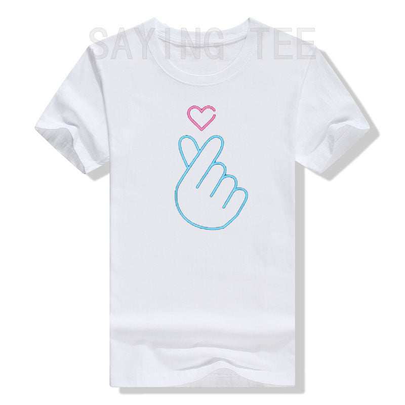 T-shirt K-Pop noir avec symbole main cœur pour fans de musique coréenne, manches courtes et coupe régulière