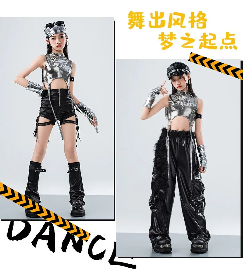 Girls Hip Hop Sets K-pop Silver Riband Crop Top Street Dance Leather Pants Kids Streetwear Child Jazz Costume Girl Group Clothes otakupop.store