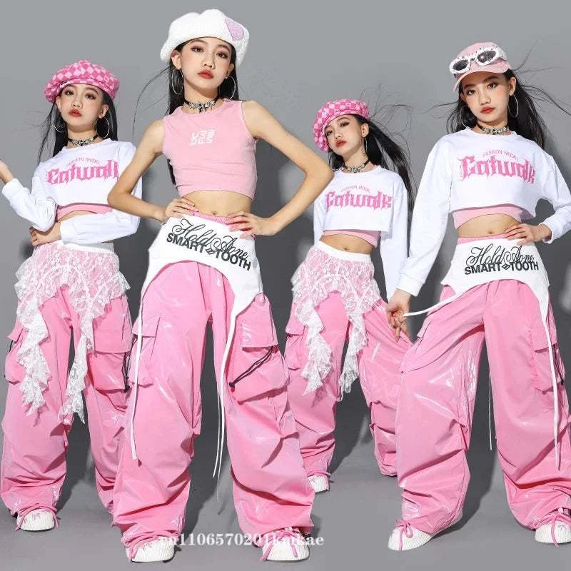 Jazz Dance Clothes For Girls Kpop Outfit Hip Hop Performance Wear Pink Shuffle Pants Kid Street Dance Show Fashion Suit New otakupop.store