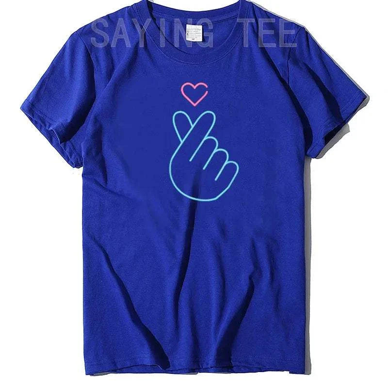 T-shirt K-Pop femme col rond avec symbole cœur doigt en coton polyester manches courtes