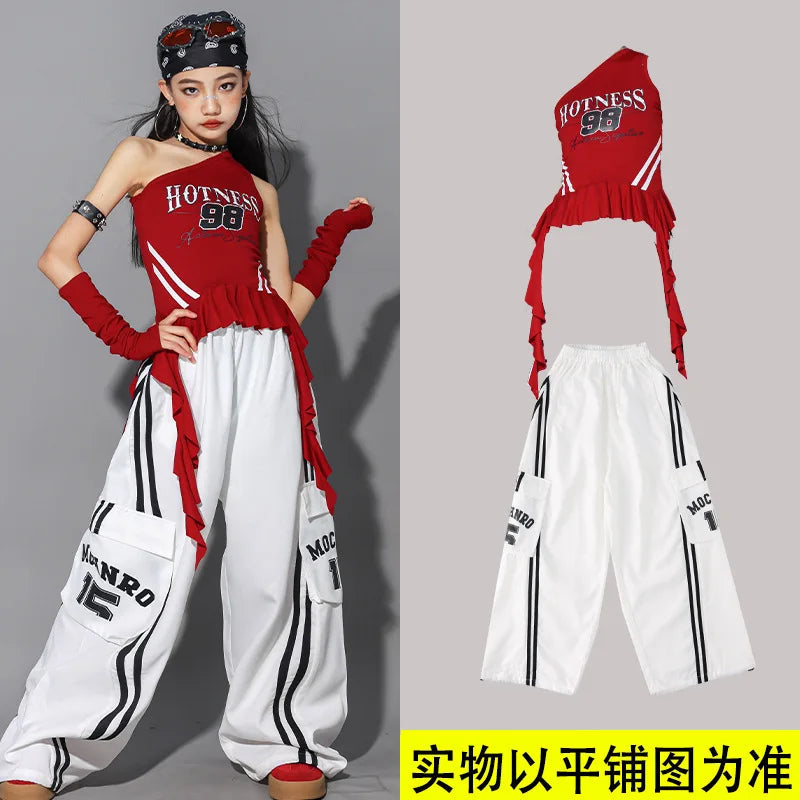 Hip Hop Girls One-shoulder Crop Top ‌Balloon Skirt Cargo Pants Children Streetwear Girl Group Costumes Kids K-pop Clothes Sets otakupop.store