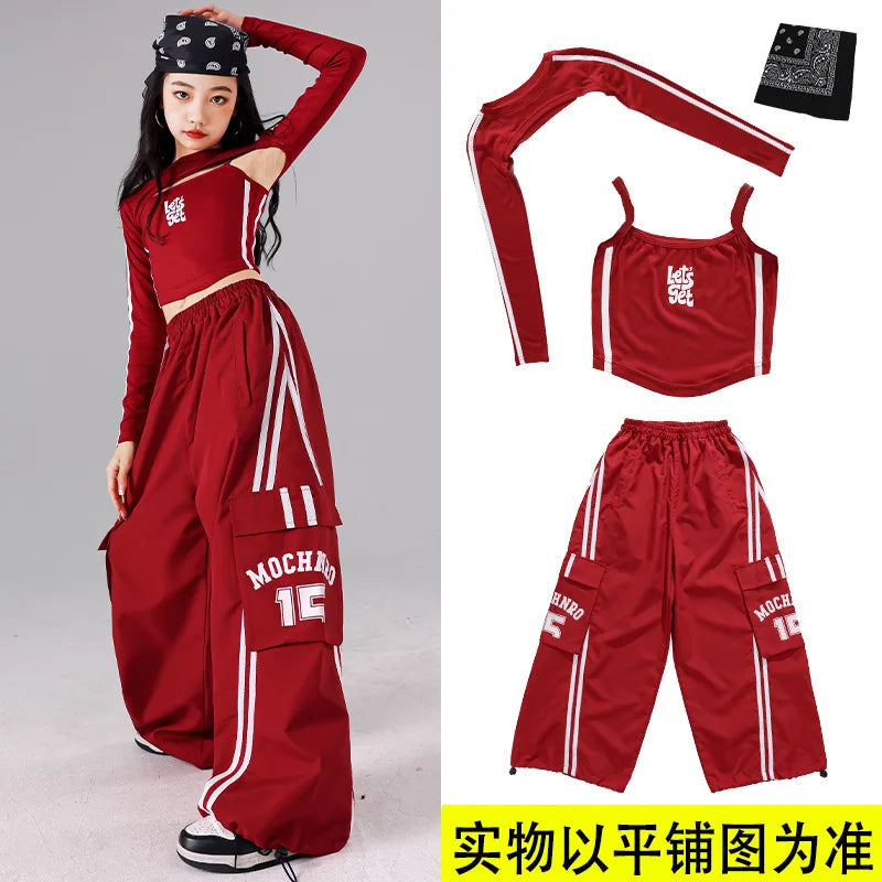 Girls K-pop Crop Top Joggers Cargo Pants Children Hip Hop Streetwear Girl Group Clothes Sets Kids Street Dance Jazz Costumes otakupop.store