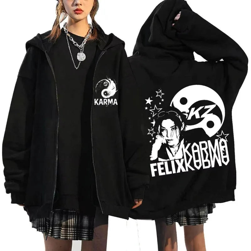 KPOP The 4th Album KARMA FELIX HAN BANGCHAN CHANGBIN HYUNJIN SEUNGMIN LEE KNOW Zip Up Women/Men Hoodie Sweatshirt Couple Clothes otakupop.store