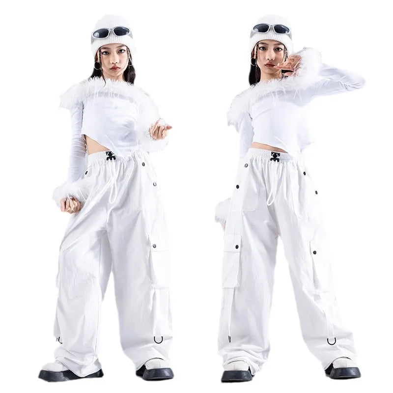 Girls Jazz Dance Performance Suit Kids Hip Hop Stage Wear Kpop Fashion Clothes White Coat Jacket White Pants Steetwear otakupop.store