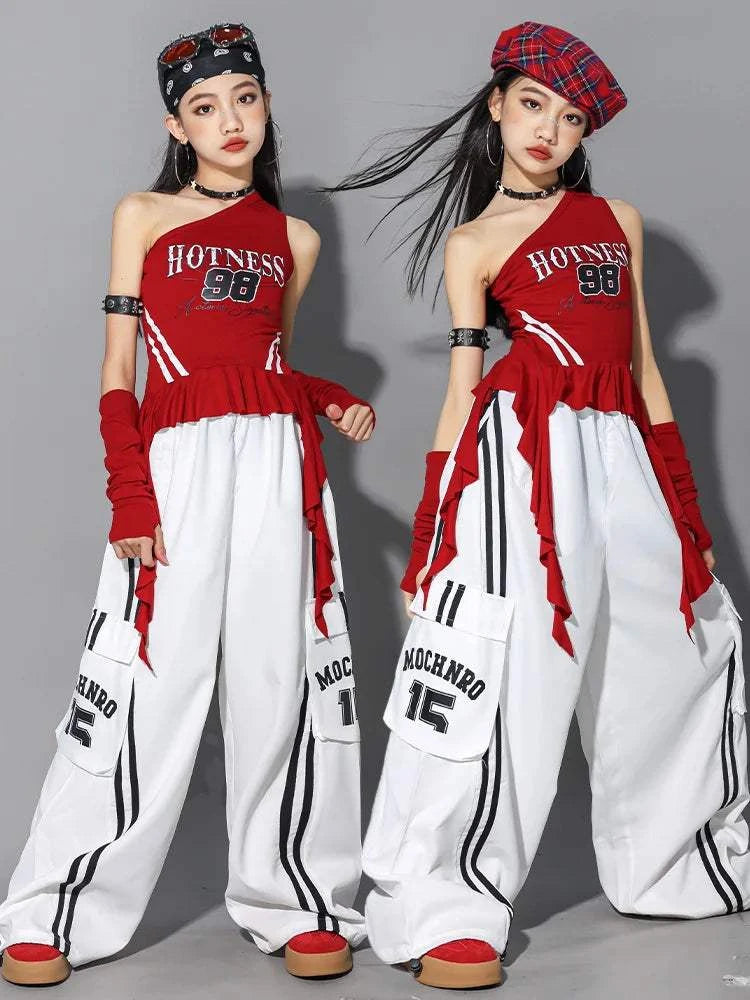 Hip Hop Girls One-shoulder Crop Top ‌Balloon Skirt Cargo Pants Children Streetwear Girl Group Costumes Kids K-pop Clothes Sets otakupop.store