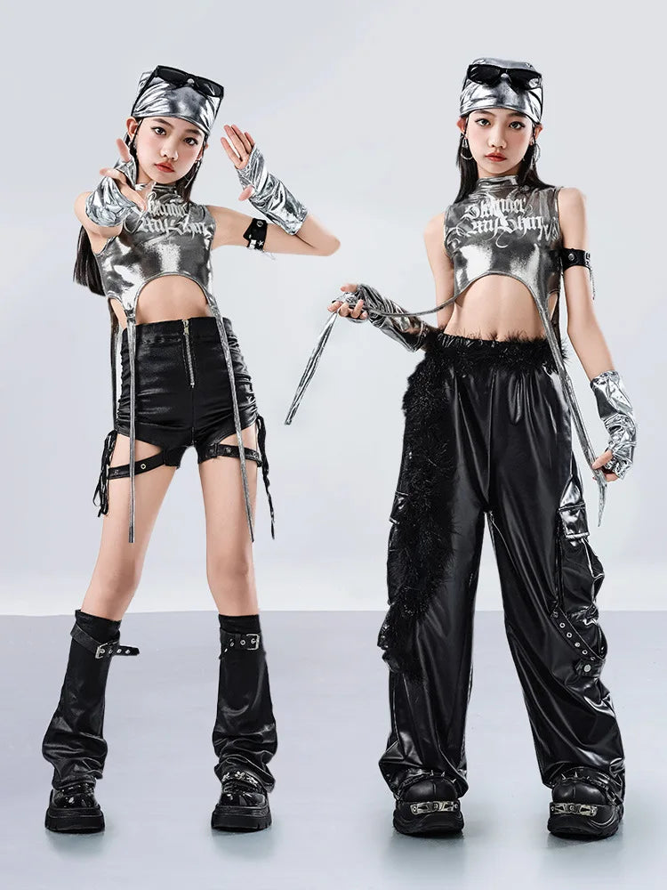 Girls Hip Hop Sets K-pop Silver Riband Crop Top Street Dance Leather Pants Kids Streetwear Child Jazz Costume Girl Group Clothes otakupop.store