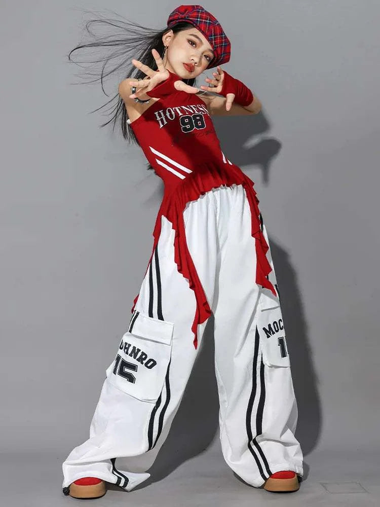 Hip Hop Girls One-shoulder Crop Top ‌Balloon Skirt Cargo Pants Children Streetwear Girl Group Costumes Kids K-pop Clothes Sets otakupop.store